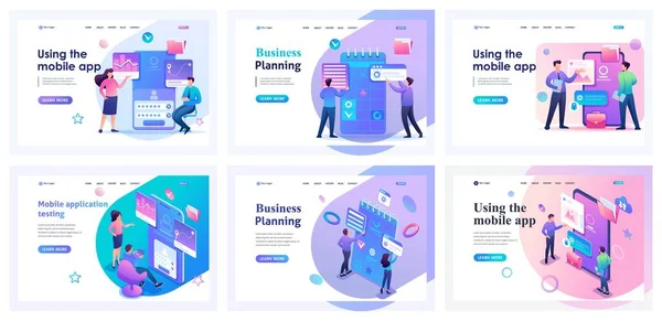 Set Landing Pages Testing Mobile Applications Isometric Illustrations Programmers Developers — Archivo Imágenes Vectoriales