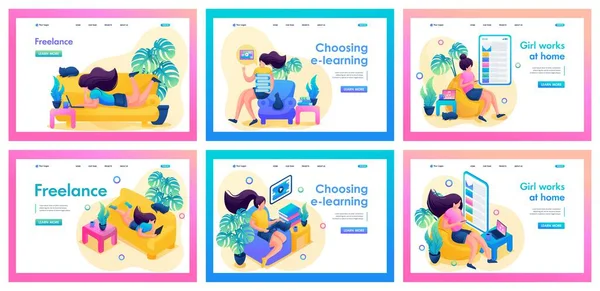 Set Landing Pages Self Isolation Isometric Illustrations Girl Works Home — Stock Vector
