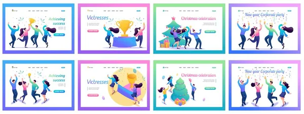 Set Corporate Landing Pages Isometric Illustrations Employees Celebrate Victory Have — ストックベクタ