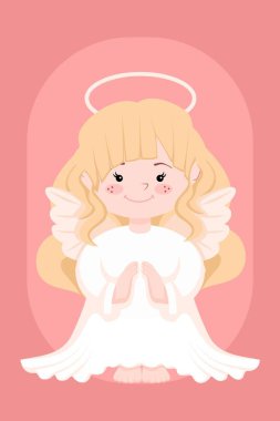 Kart Tasarımı İçin Noel Resimleri. Pembe arka planda kanatları olan, kafasında halesi olan uzun ve şirin bir elbise giymiş küçük bir melek. Vektör İllüstrasyonu.