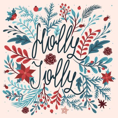 Noel ve Yeni Yıl Şablonu. Çam dalları, ökseotu, kış bitkileri ve çiçeklerle süslenmiş. Holly Jolly. Vektör tasarım ögesi.