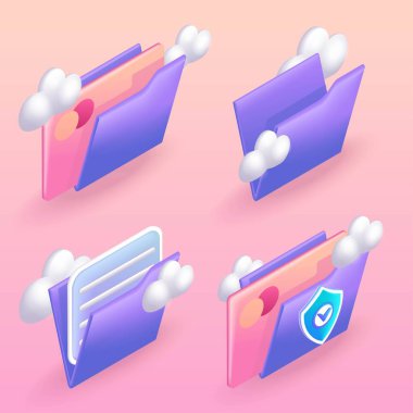 Trending 3D Isometric Illustration. Set of cartoon folders with files and credit cards. Storing personal data in cloud storage. 3D web vector icons.