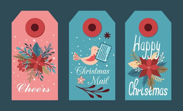 一套圣诞标签 图上装饰着冷杉枝条和花朵 一种喙上有字母的鸟 用于矢量编辑 — 图库矢量图片