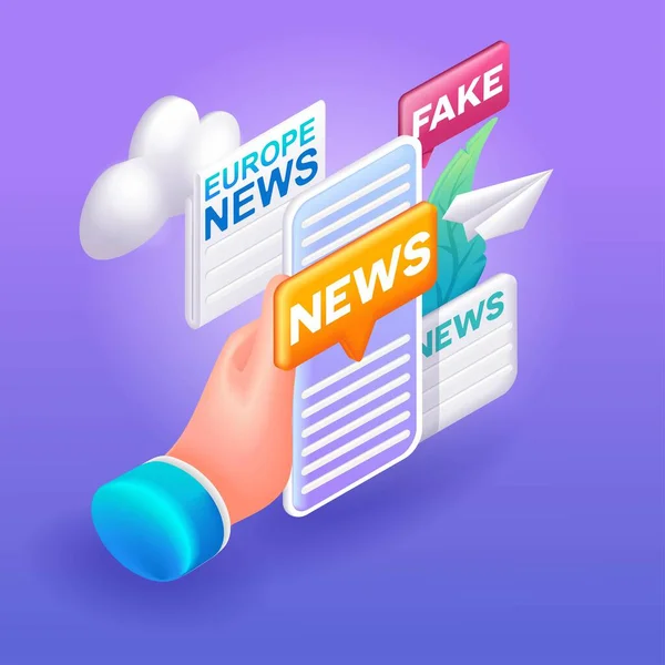 Trending Isometric Colorful Cartoon Illustration Official News Mobile App Fakes — Vector de stock