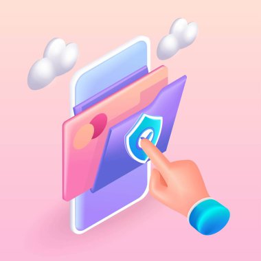 Trending 3D Isometric. Colorful cartoon illustration. Mobile application with credit card data. Reliable data protection. Vector icons for website.