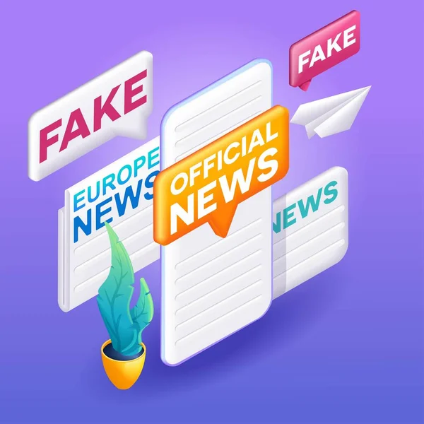 Trending Isometric Colorful Cartoon Illustration Official News Fakes False Information — Stock Vector