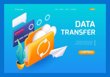 Üç boyutlu Isometric, çizgi film. Dijital dosya organizasyonu ve veri transfer uygulaması. Bulut depolama simgesi. Trending Landing Page.