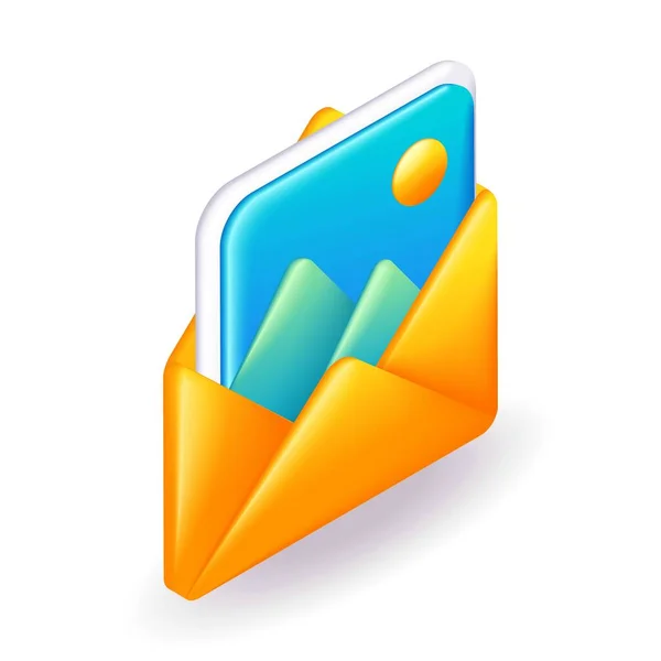 Isométrique Icône Enveloppe Jaune Mail Avec Une Image Jointe Dessin — Image vectorielle