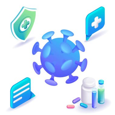 Üç boyutlu Isometric, grip virüsünün çizgi film ikonu. Virüs koruması, haçlı kalkan, aşı, haplar, tedavi. İniş Sayfası.