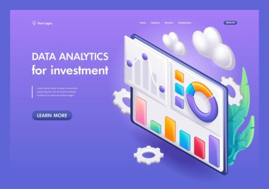 Üç boyutlu Isometric, çizgi film. Veri analizi, torpido gözü ve iş finans raporu. Yatırım için SEO ekran konsepti. Eğilim İniş Sayfası.