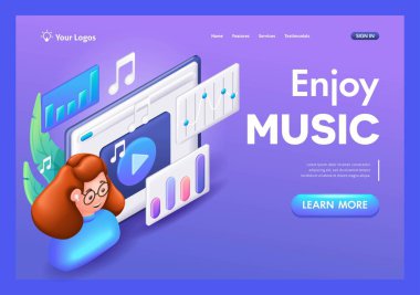Üç boyutlu simgeler Isometric, karikatür. Genç kız dinliyor ve müzikten hoşlanıyor. Klipleri izlemek ve dinlemek için uygulama simgeleri. Eğilim İniş Sayfası.