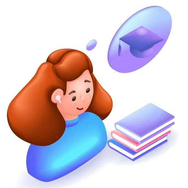Icons Isometric Cartoon Young Girl Thinking Graduation Online Education Concept — Stock Vector