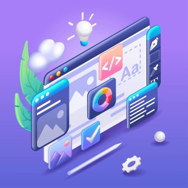 3 boyutlu Isometric illüstrasyon, Çizgi film. Web UI-UX tasarımı, web geliştirme konsepti. Web tasarımı, uygulama tasarımı, kodlama ve web binası. Web sitesi için vektör simgeleri.