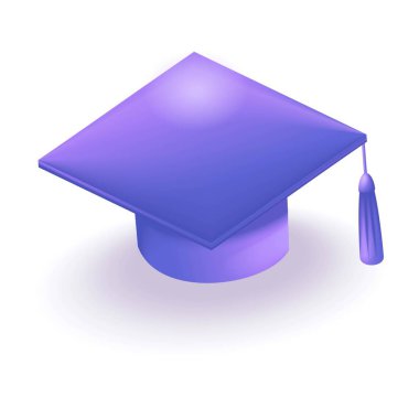 3 boyutlu Isometric illüstrasyon, Çizgi film. Üniversite şapkası, mezuniyet şapkası, havan topu. Eğitim, diploma töreni konsepti. Web sitesi için vektör simgeleri.