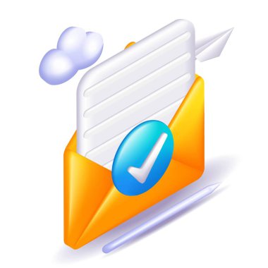 3 boyutlu Isometric illüstrasyon, Çizgi film. Zarfta harf, kalem ve işaret var. Posta mesajı, imzalı sözleşme konsepti. Web sitesi için vektör simgeleri.