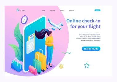 Modern izometri. Seyahat bavulları ve uçak biletleri olan genç bir kadının üç boyutlu resmi. Uçak biletlerini ve otel rezervasyonlarını ara. İniş Sayfası Kavramı.