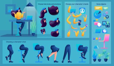 Stylized Business Character, Programmer. Set for Animation. Use Separate Body Parts to Create An Animated Character. Set of Emotions, Hairstyles, Hands and Feet.