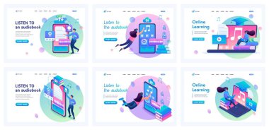 Çevrimiçi öğrenme üzerine bir dizi iniş sayfası. Isometric 3D ve 2D illüstrasyonlar. Video dersleri, online kitap okumak, dersleri izlemek, ödev yapmak, geri bildirim..