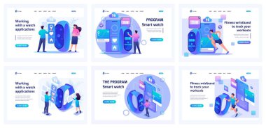 Set of landing pages about a healthy lifestyle. Isometric 3D and 2D illustrations. Group of people are testing a fitness bracelet. Speed, strength, pulse.