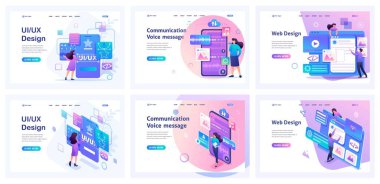 Set of landing pages for working with mobile app. Isometric 3D and 2D illustrations. Creating an application design, recording audio messages.