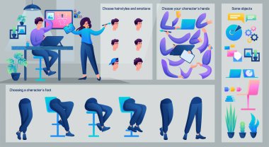 Stylize Karakter, Sanat takımındaki adam. Animasyon için hazır. Animasyon Karakteri yaratmak için Vücut Parçalarını Ayır. Duygular, Saç Tarzları, Eller ve Ayaklar.