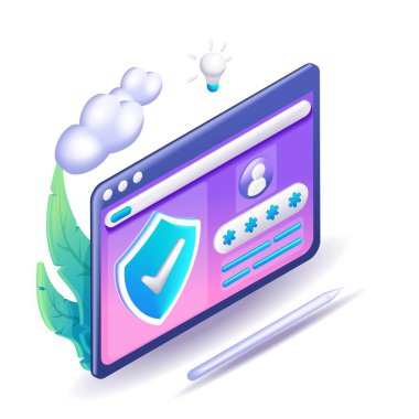 3 boyutlu Isometric illüstrasyon, Çizgi film. Siber güvenlik kavramı, verileri ve gizliliği korumak. Web sitesi için vektör simgeleri.