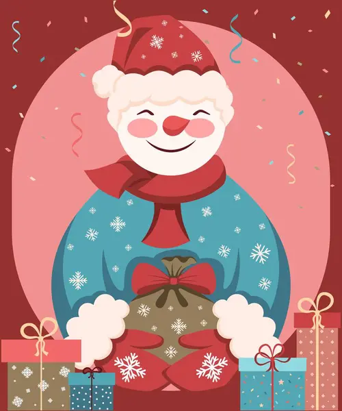 Ilustração Natal Colorida Happy Snowman Tem Saco Presentes Nas Mãos Gráficos Vetores