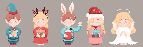 クリスマスコスチュームでかわいい子供たちのセット 手紙とエルフの衣装の男の子 ウサギの耳を持つ男の子 贈り物と鹿の角を持つ女の子 天使の格好をした女の子 ストックベクター
