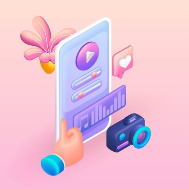 Trending 3D Isometric for website. Cartoon Illustration Mobile audio photo and video file editor. Support and like for the mobile app. Vector icons.