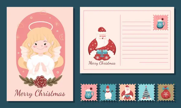 Christmas Card Design Front Side Angel Girl Back Santa Claus ストックベクター
