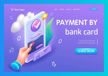 Üç boyutlu Isometric, çizgi film. Cep telefonu başvurusu ile banka kartıyla ödeme. Aylık müzik aboneliği. Eğilim İniş Sayfası.