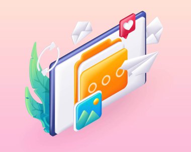 Moda 3D Isometric, karikatür çizimi. Dosya aktarım konsepti. Tablet monitöründe belge olan sarı klasör. Web sitesi için vektör simgeleri.