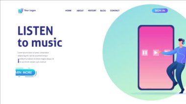 Genç adam telefonunda çalan müzikle dans ediyor. Sosyal ağlarda müzik dinlemek. Düz 2d karakter. Açılış sayfası kavramları ve web tasarımı.