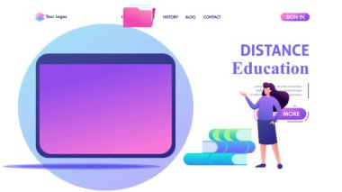 Kız, tablet ekranın yanında eğitim materyalleri ve uzaktan eğitimle duruyor. Düz 2B karakter.