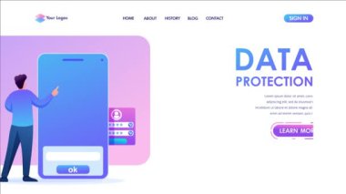 Cep telefonu, veri koruması, biyometrik kilidi olan genç bir adam. Düz 2d karakter. Açılış sayfası kavramları ve web tasarımı.