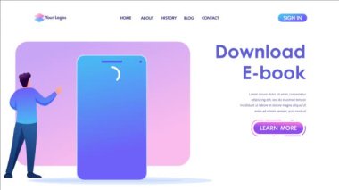 Genç adam e-kitapları akıllı telefonuna yüklüyor. Düz 2D karakter. İniş sayfası kavramları ve web tasarımı.