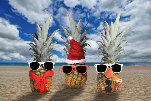 Three Christmas Holiday Decorated Pineapples Beach Stock Photo