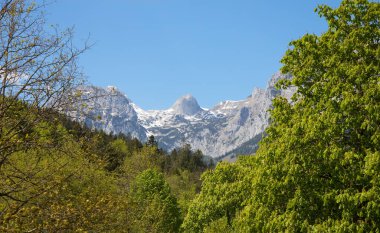 İlkbaharda mavi gökyüzü ile Alpler 'deki manzara