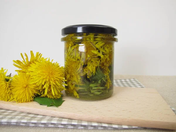 Decoction Dandelion Flowers Glass Jar — Stock Photo, Image