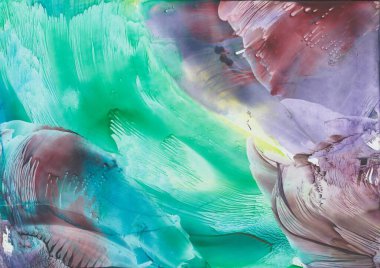 Soyut enkazımsı tablo: mor, yeşil ve leylak renginde boyanmış dalgalar.