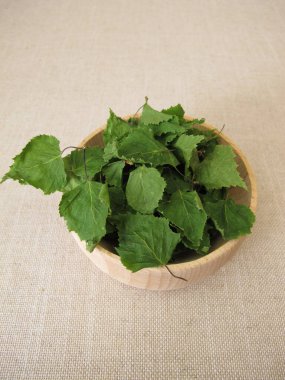 Kurumuş huş yaprağı yaprağı yaprağı çayı için ahşap bir kasede.