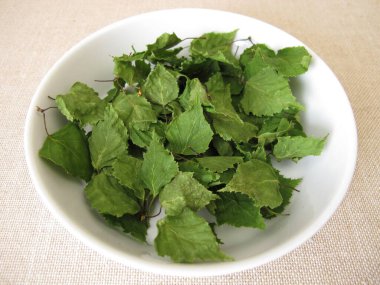 Porselen bir kasede kurumuş huş yaprağı ve bitki çayı.