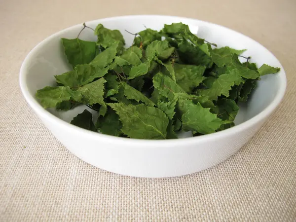 Porselen bir kasede kurumuş huş yaprağı ve bitki çayı.