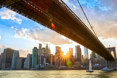 Manhattan Finans Bölgesi ve Brooklyn Köprüsü New York 'ta gün batımında
