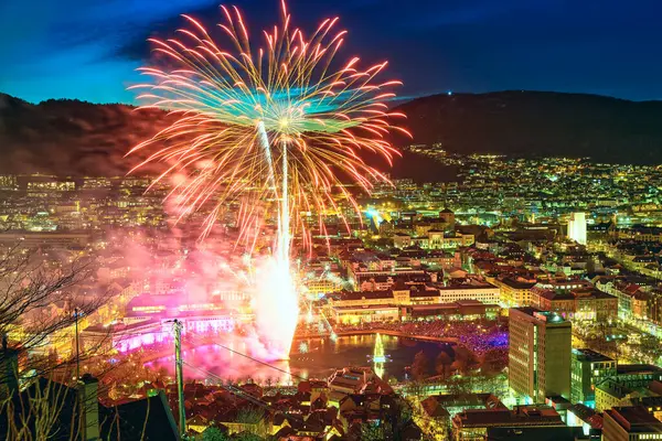 Fényfesztivál Tűzijátékkal Bergenben Norvégiában Stock Kép