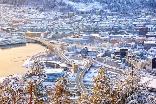 Widok Lotu Ptaka Bergen Góry Floyen Zimą Norwegia Obraz Stockowy