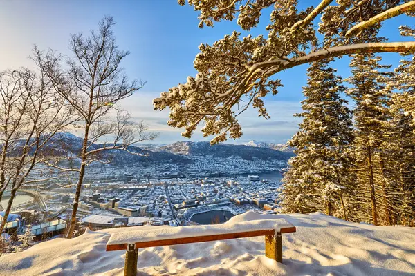 Скамейка Прекрасным Панорамным Видом Берген Зимой Норвегия Лицензионные Стоковые Изображения