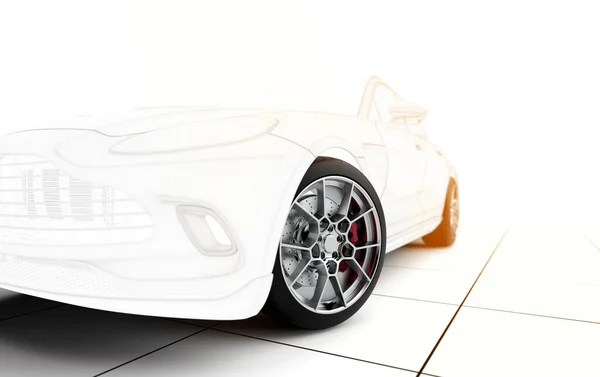 非品牌通用线框跑车 真轮在阳光下 3D插图 — 图库照片