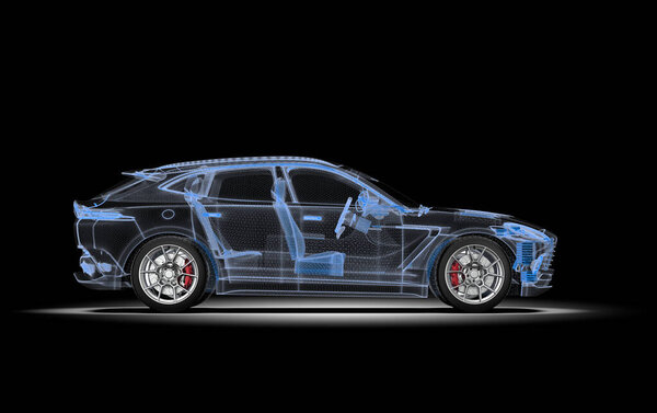 Modern generic unbranded wireframe sport car in the dark: 3D illustration