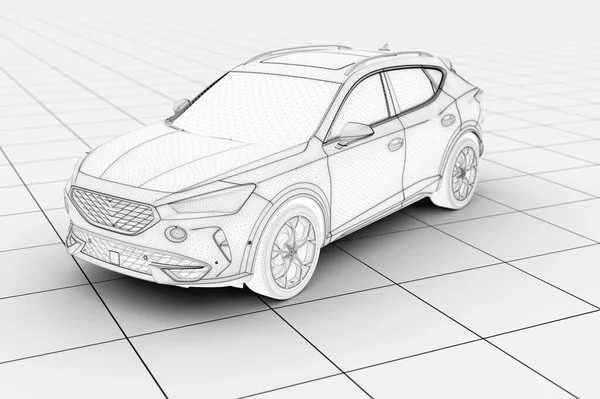ワイヤープラットフォーム上のブランド化されていない一般的なワイヤーフレーム市の車 3Dイラスト — ストック写真